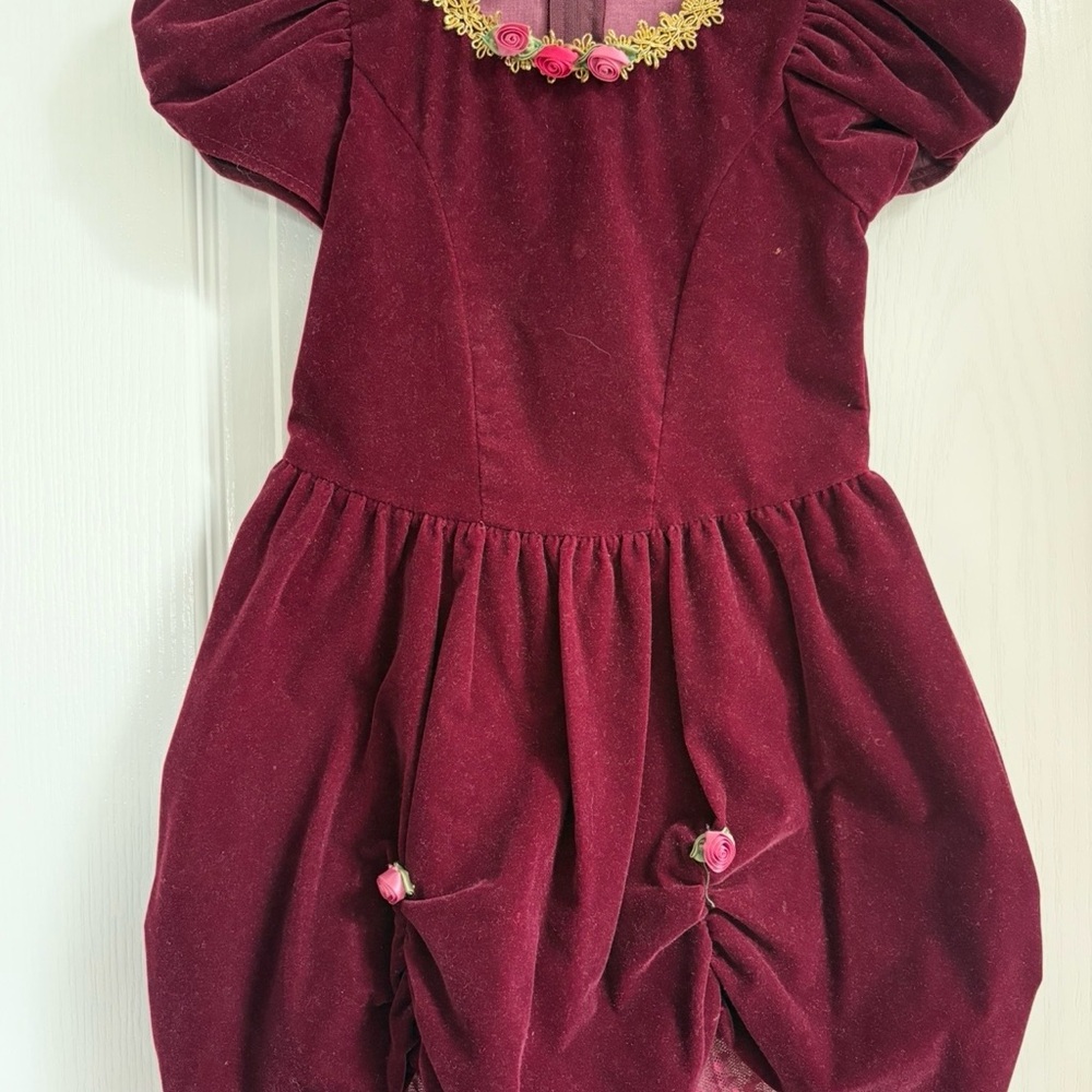Elegant Burgundy Velvet Dress with Floral Accents